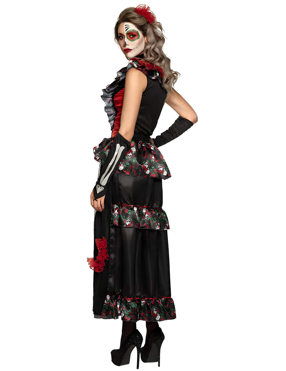 Pogled od zadaj kostuma dia de los muertos za ženska