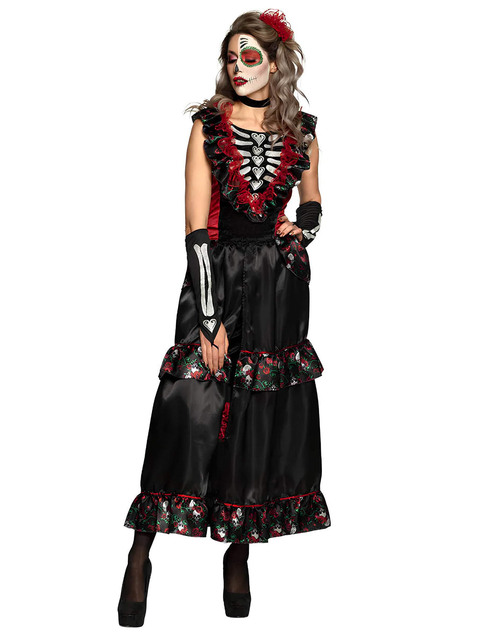 Pogled od spredaj na kostum dia de los muertos za ženska