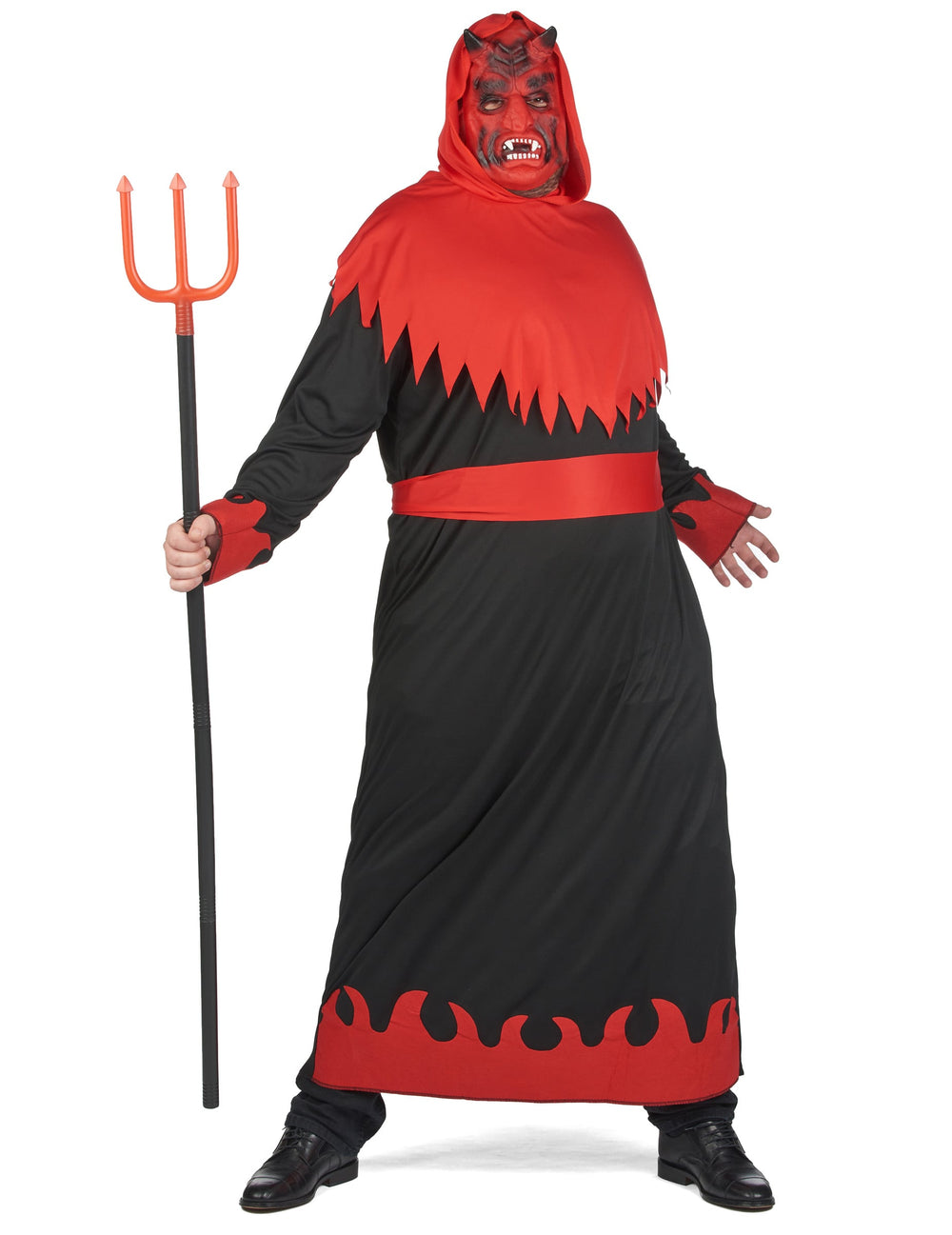 Vue de face avec trident du déguisement de diable des enfers
