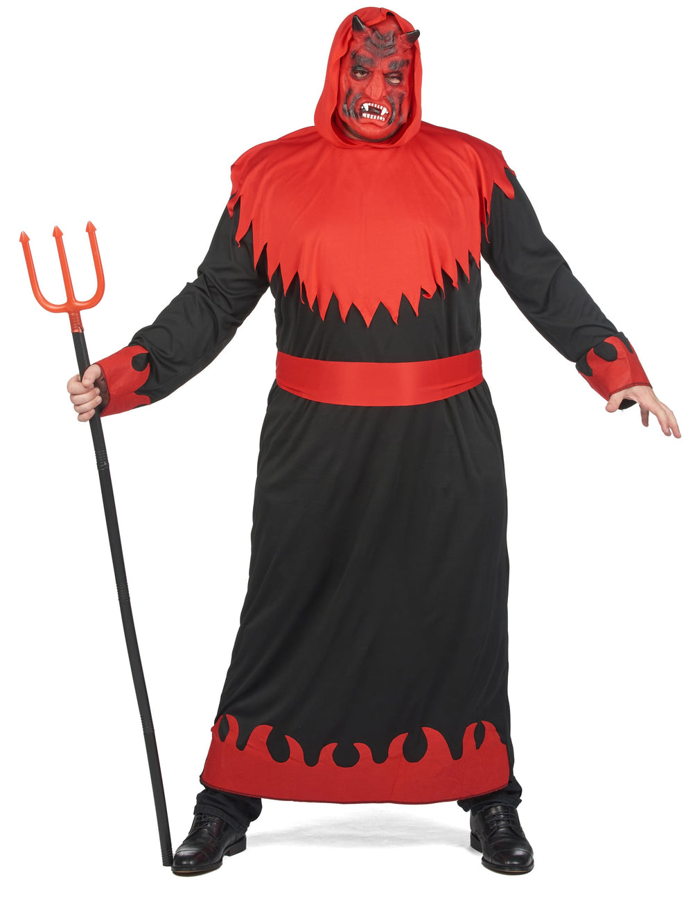 Vue de face du déguisement de diable des enfers avec le trident rouge et le masque