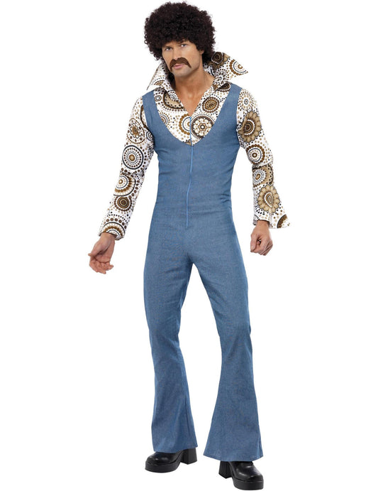 Déguisement disco années 70 ringard pour homme bleu aspect jean et motifs marron
