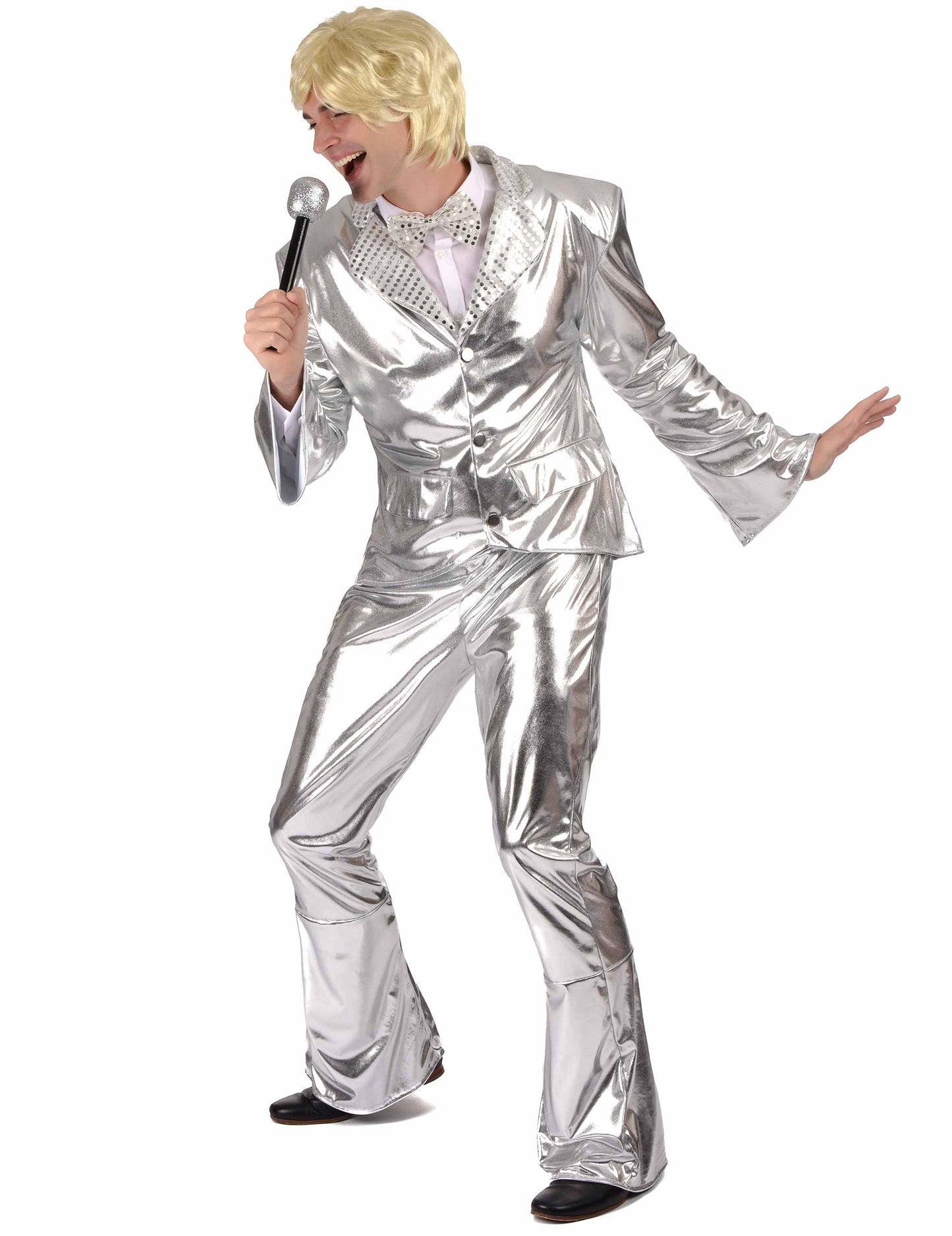 Pose avec micro du déguisement disco pour homme