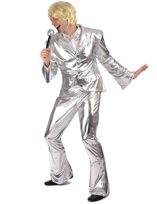 Pose avec micro du déguisement disco pour homme