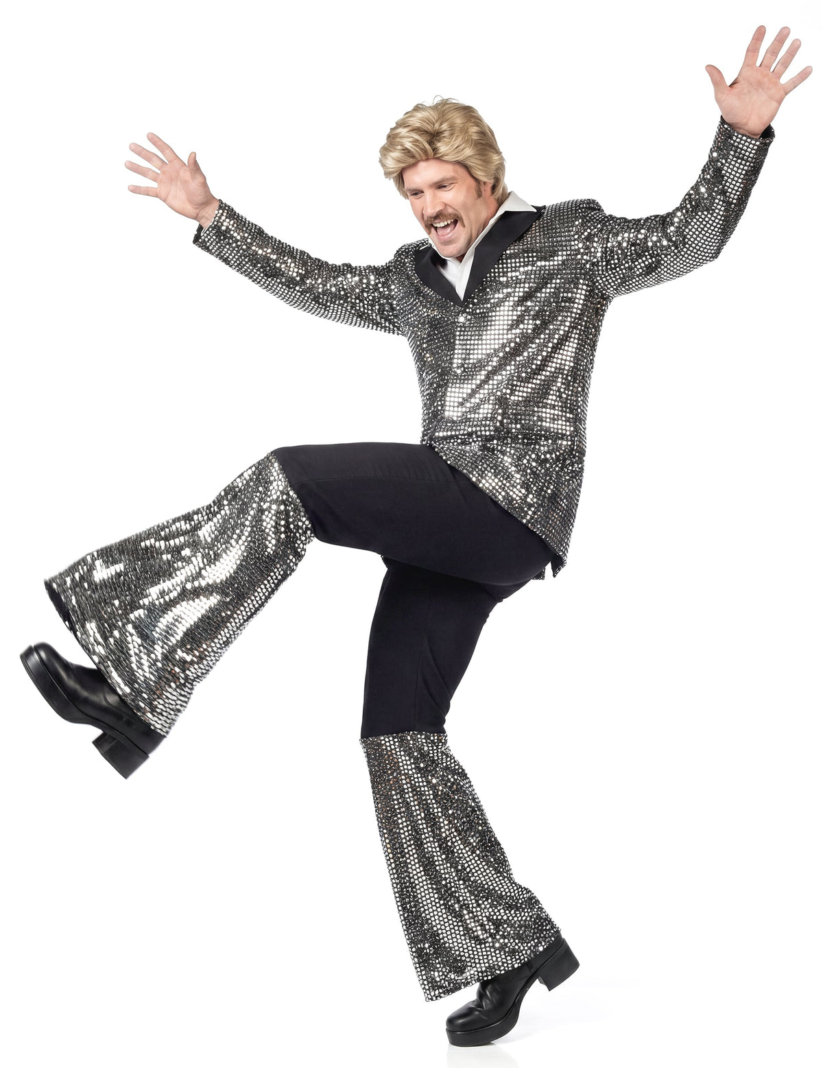 Détail de la veste et du pantalon à paillettes du déguisement disco pour homme