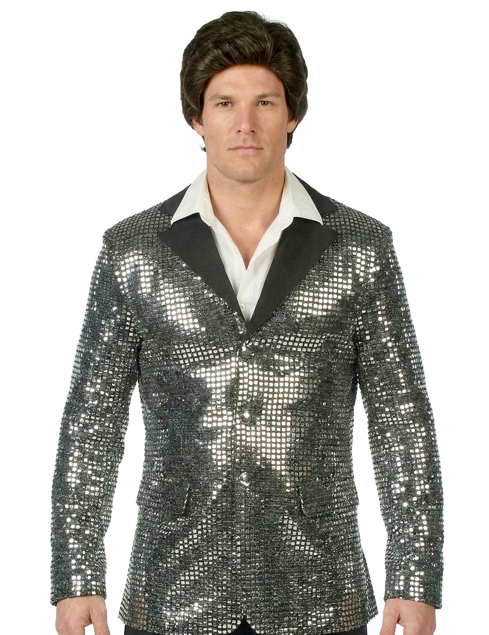 Gros plan sur la veste à paillettes argentées du déguisement disco pour homme