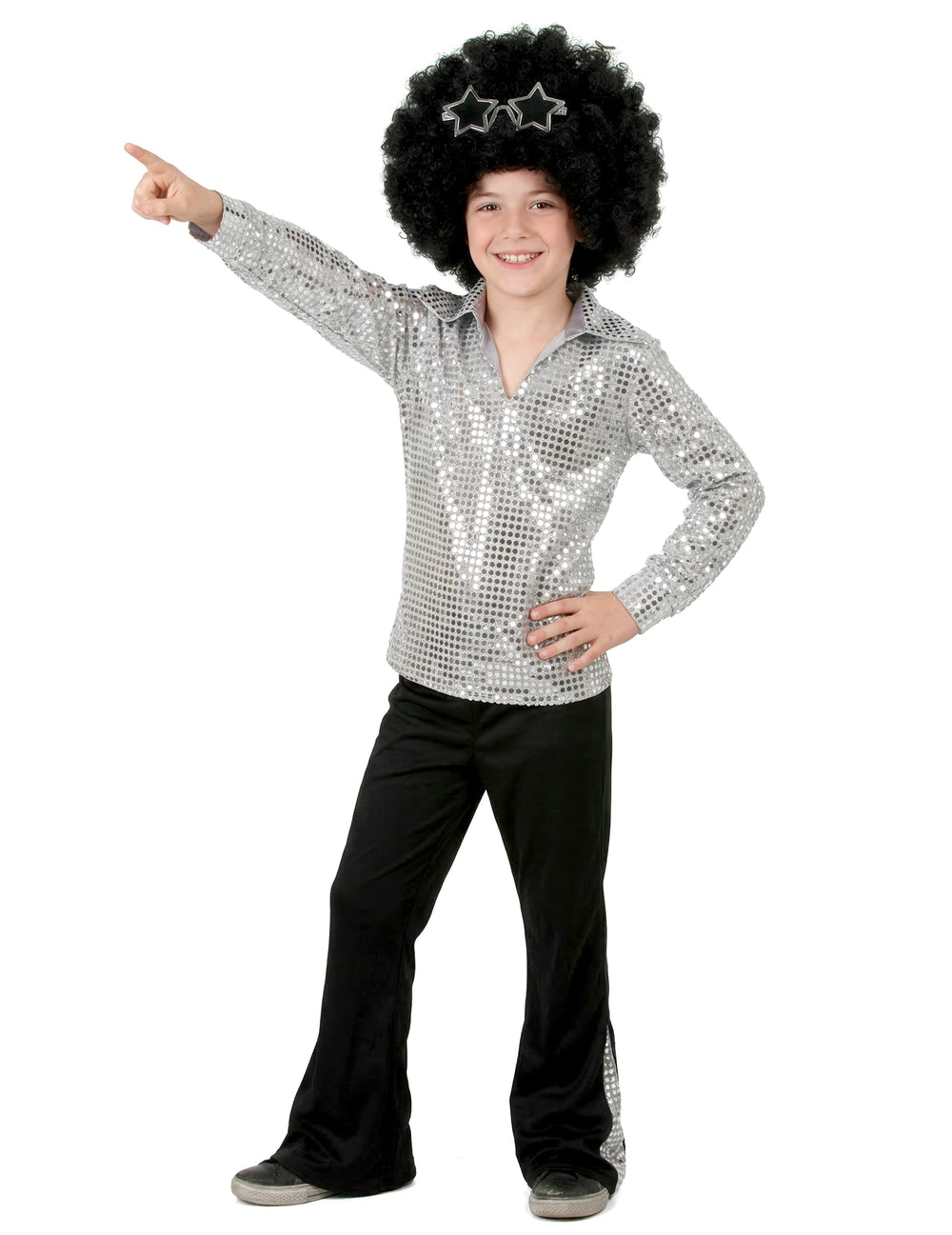 Vue de face du déguisement disco pour garçon argent à sequins