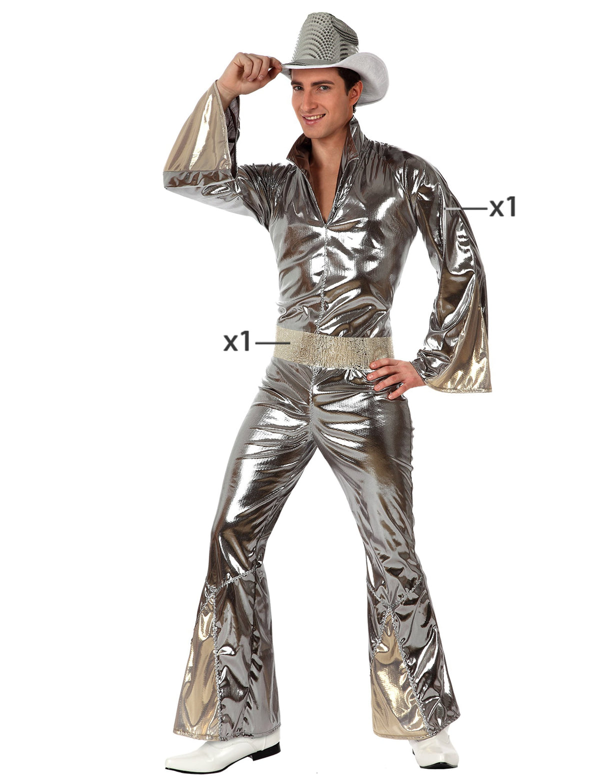 Détail des pièces incluses du déguisement disco pour homme argenté brillant
