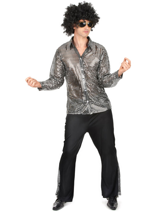 Déguisement disco pour homme argenté avec chemise brillante et pantalon noir