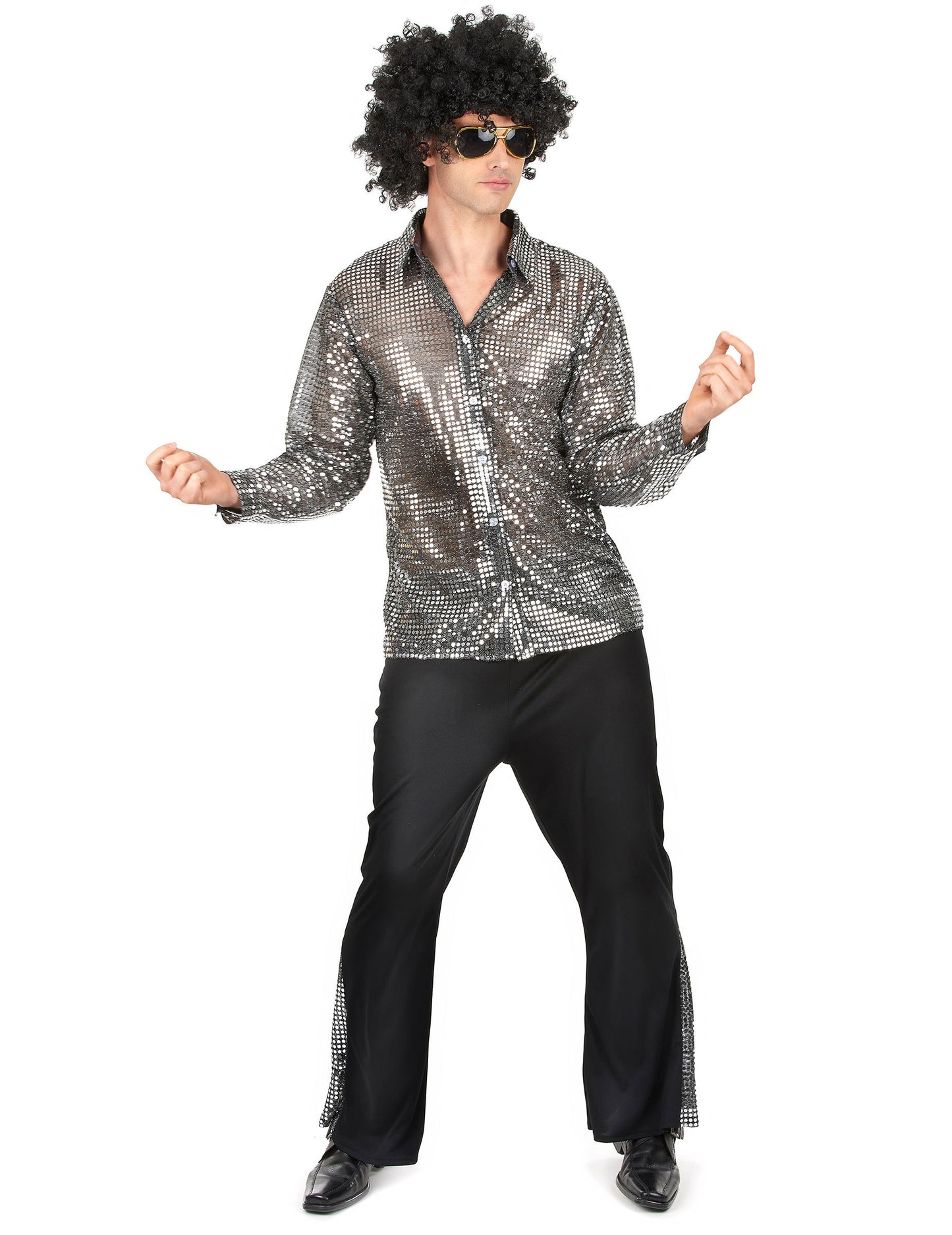 Déguisement disco pour homme argenté avec chemise à paillettes