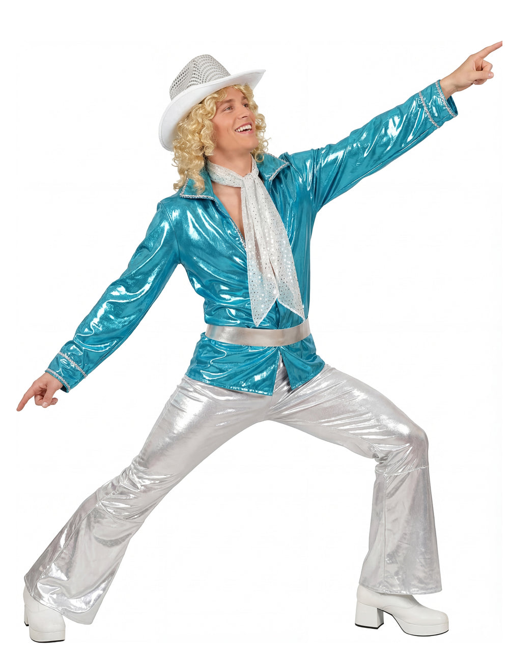 Déguisement disco pour homme bleu et argenté avec pantalon brillant
