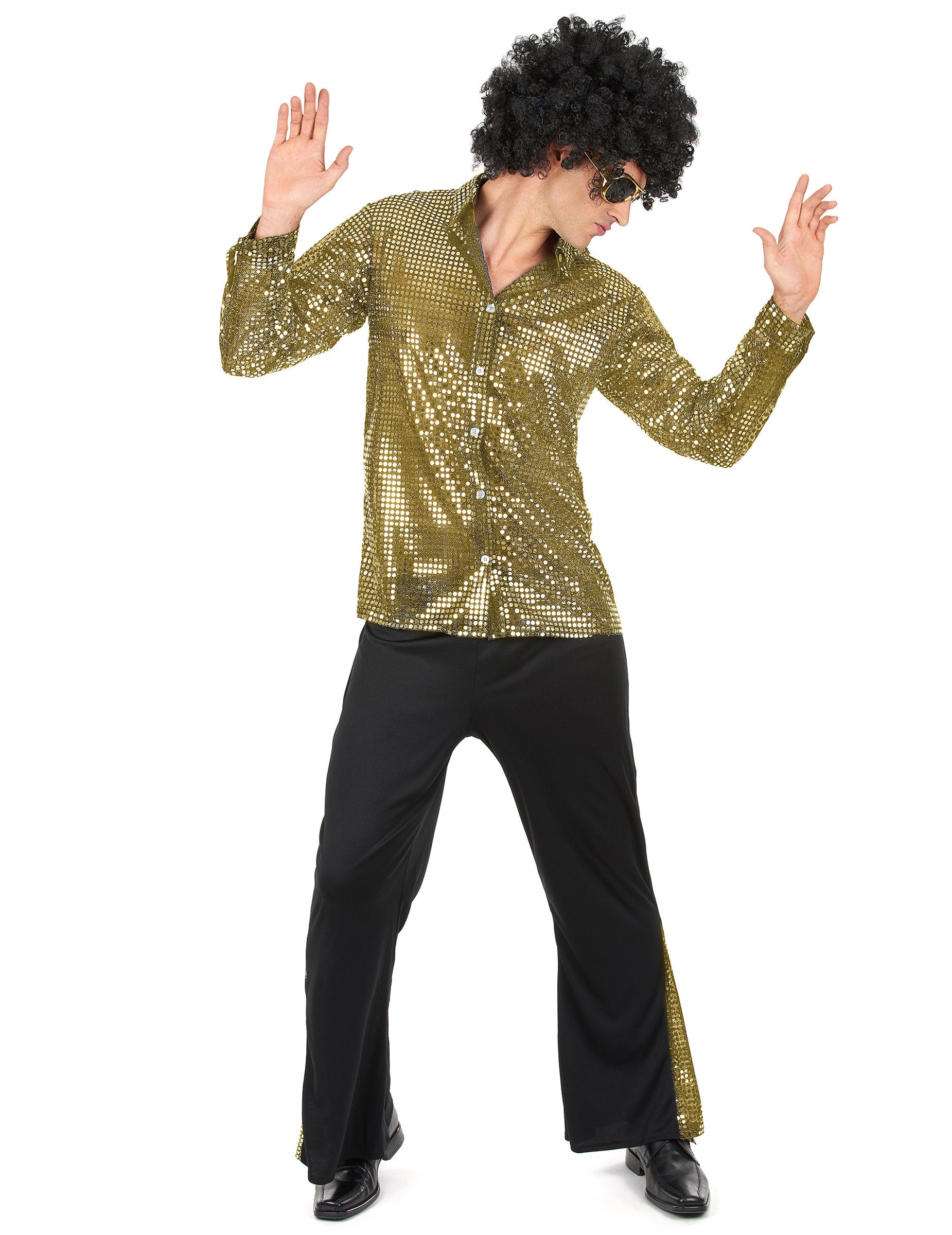 Déguisement disco pour homme doré à paillettes avec chemise à sequins et pantalon noir