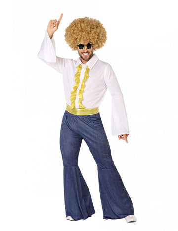 Moški disco kostum v videzu jeansa in zlatih dodatkov 