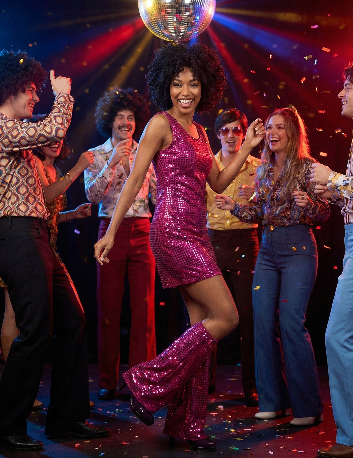 Mise en situation du déguisement disco pour femme fuchsia à sequins