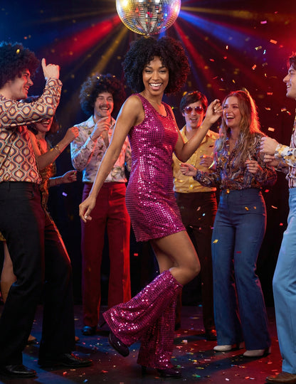 Mise en situation du déguisement disco pour femme fuchsia à sequins