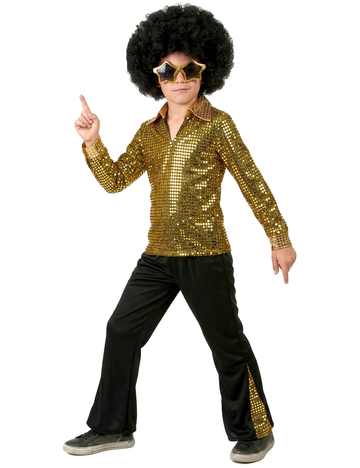 Déguisement disco pour garçon or à sequins avec chemise brillante et pantalon noir