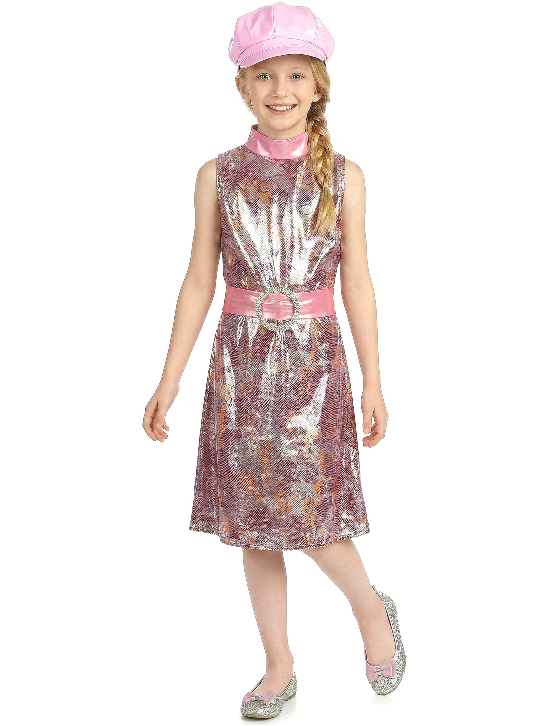 Déguisement disco vinyle pour fille rose brillant avec casquette assortie