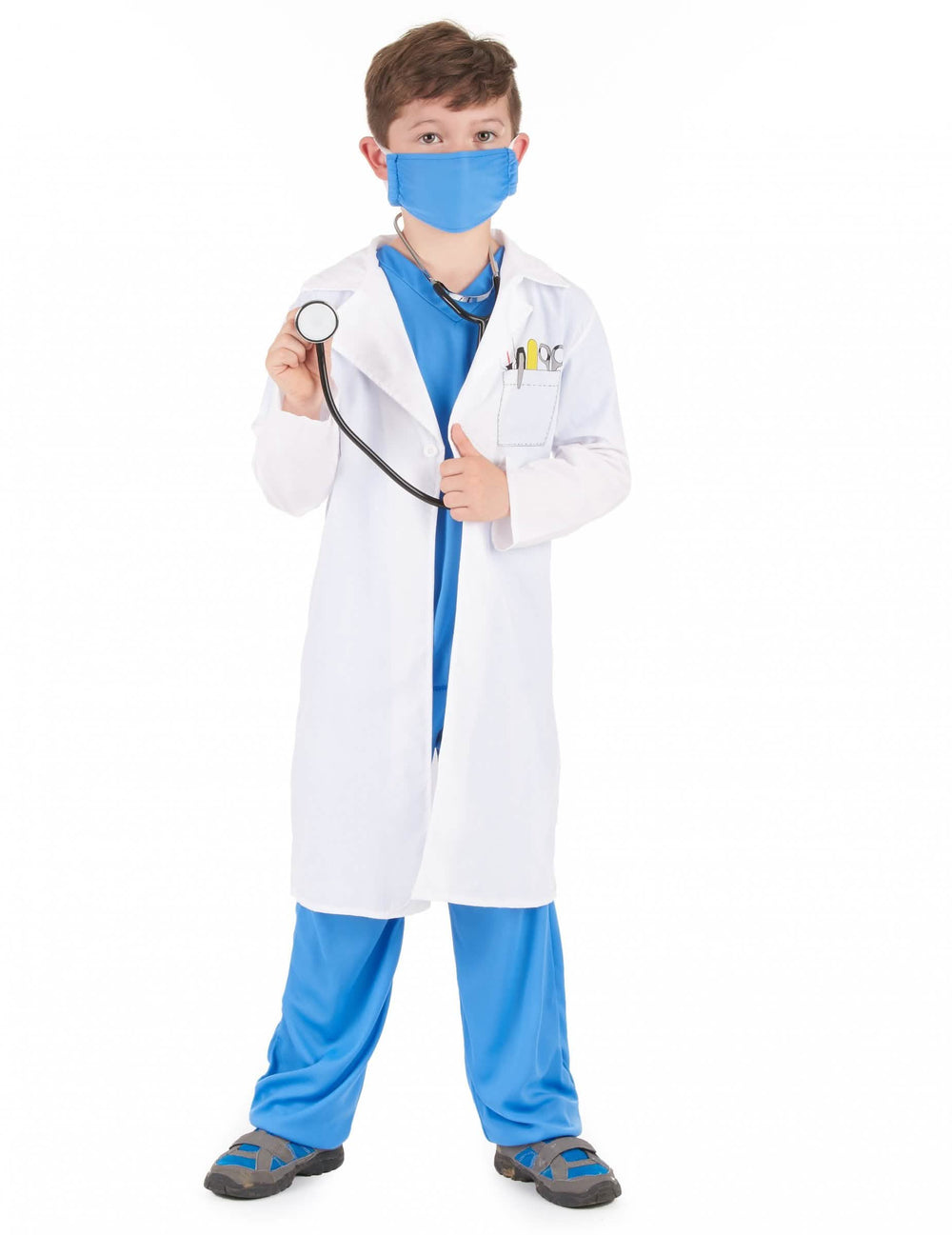 Obleka zdravnik za dečka bela in modra z masko in stetoskopom