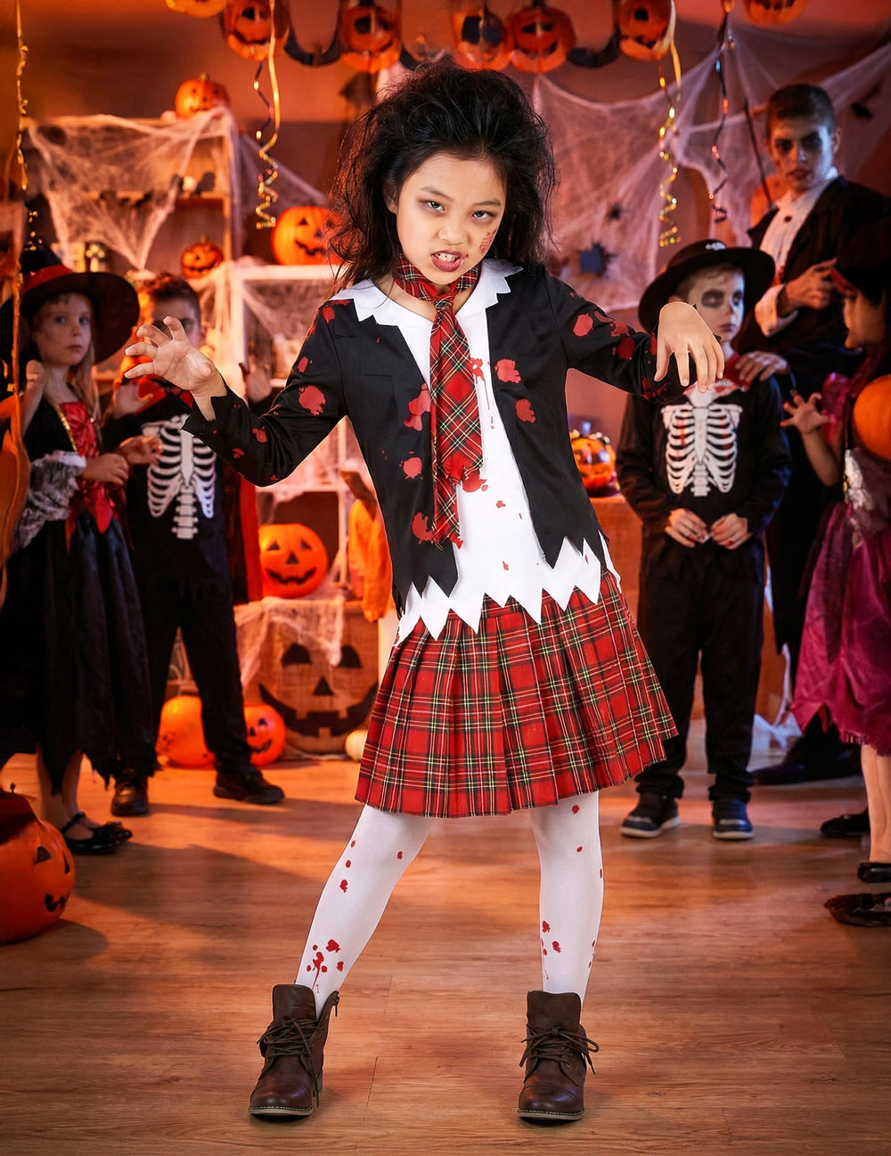Mise en situation dans un décor d'Halloween du déguisement écolière zombie pour fille Halloween