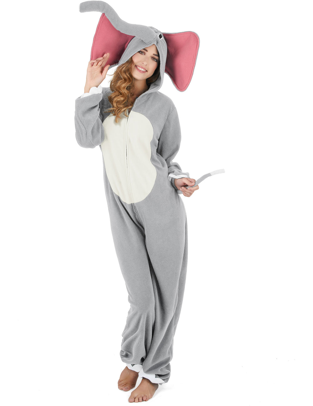 Déguisement d'éléphant pour femme gris avec grandes oreilles roses