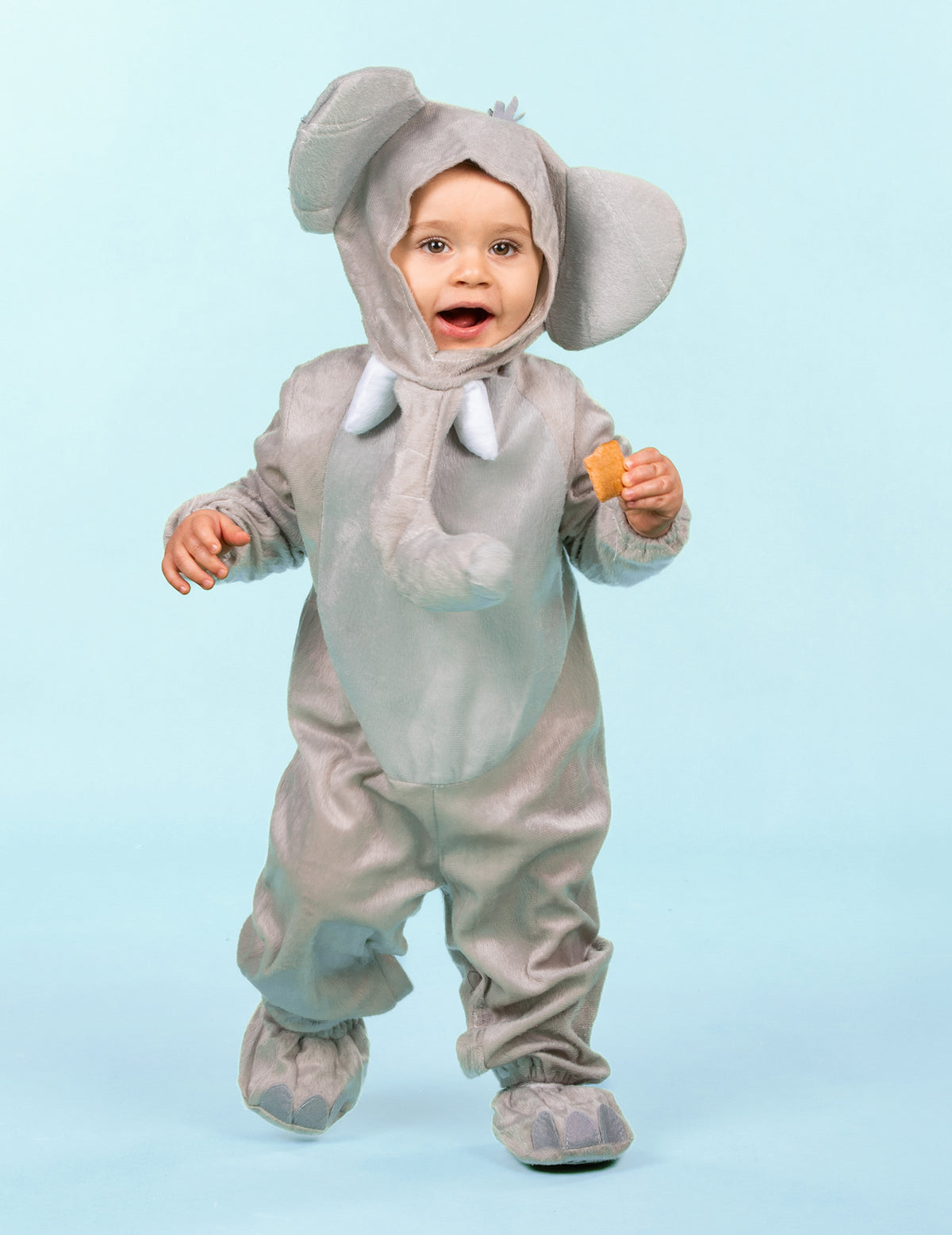 Vue de face du déguisement éléphant peluche pour bébé gris