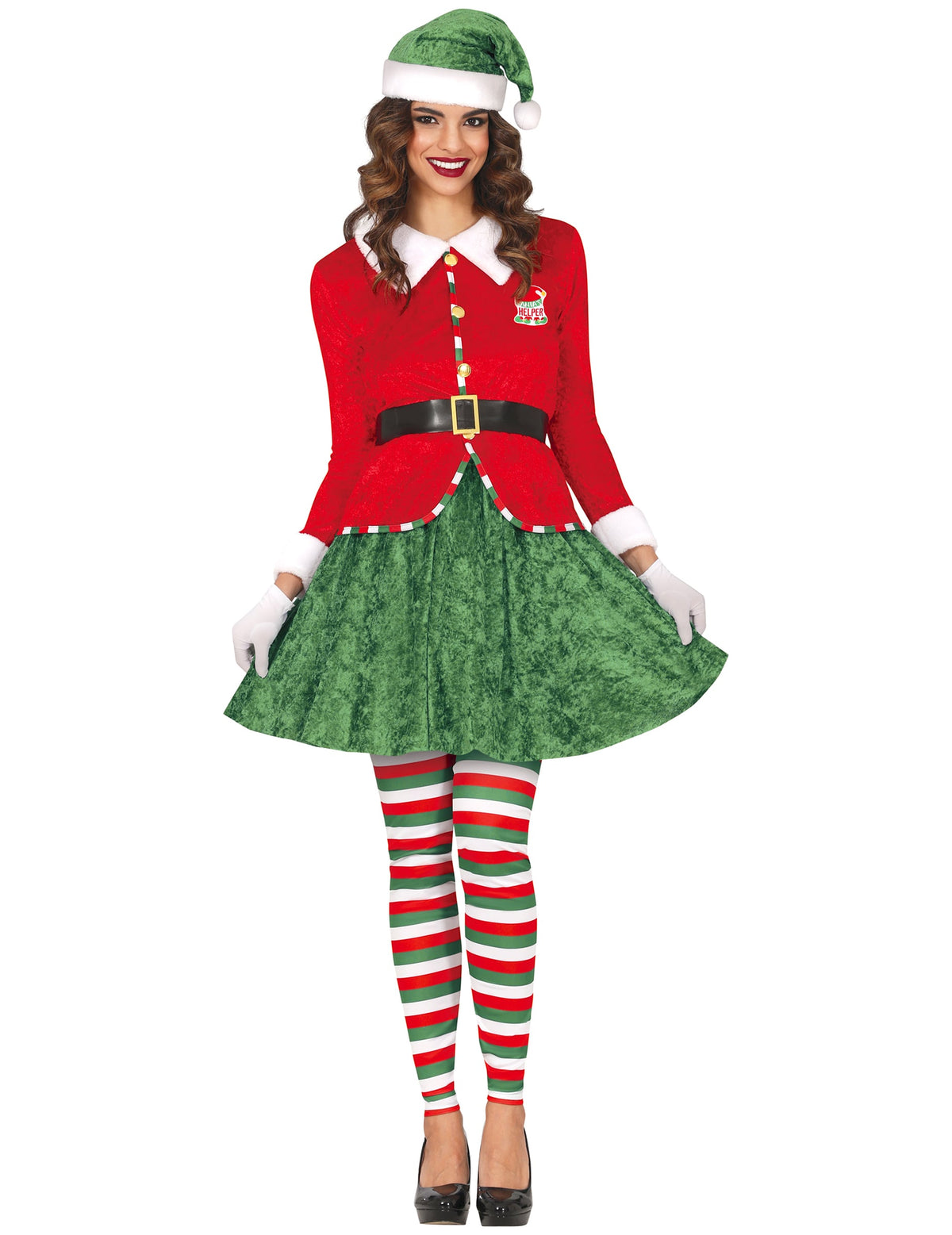 Déguisement elfe de Noël pour femme rouge et vert avec bonnet et leggings rayés