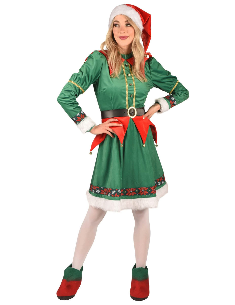 božični luksuzni kostum elf za ženska zelena in rdeča z kapo