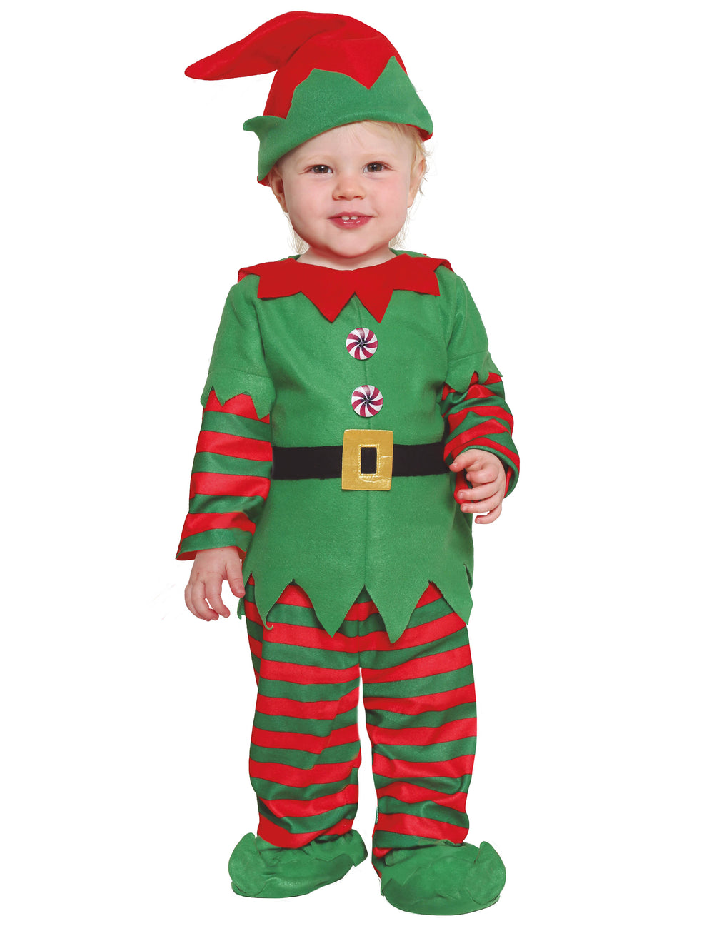 Déguisement elfe de Noël pour bébé vert et rouge avec pantalon rayé et bonnet