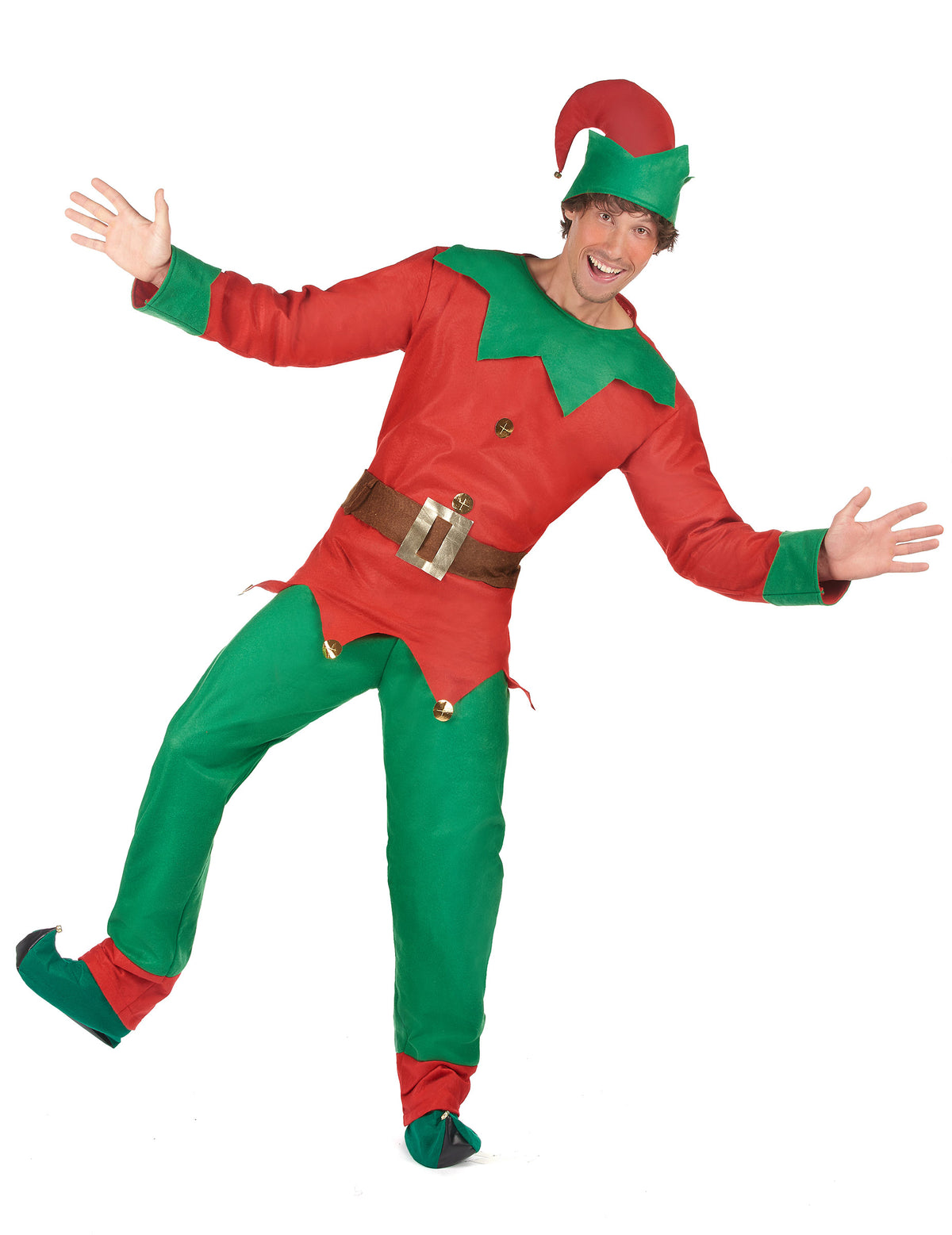 Vue de face en mouvement du déguisement elfe de Noël pour homme