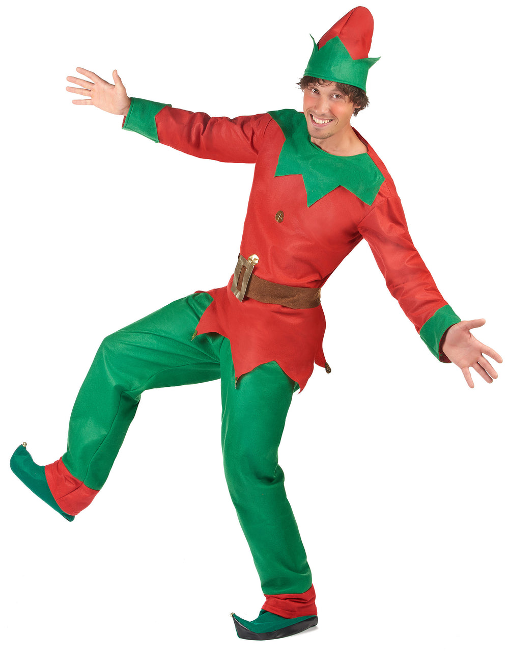 Vue de profil en mouvement du déguisement elfe de Noël pour homme