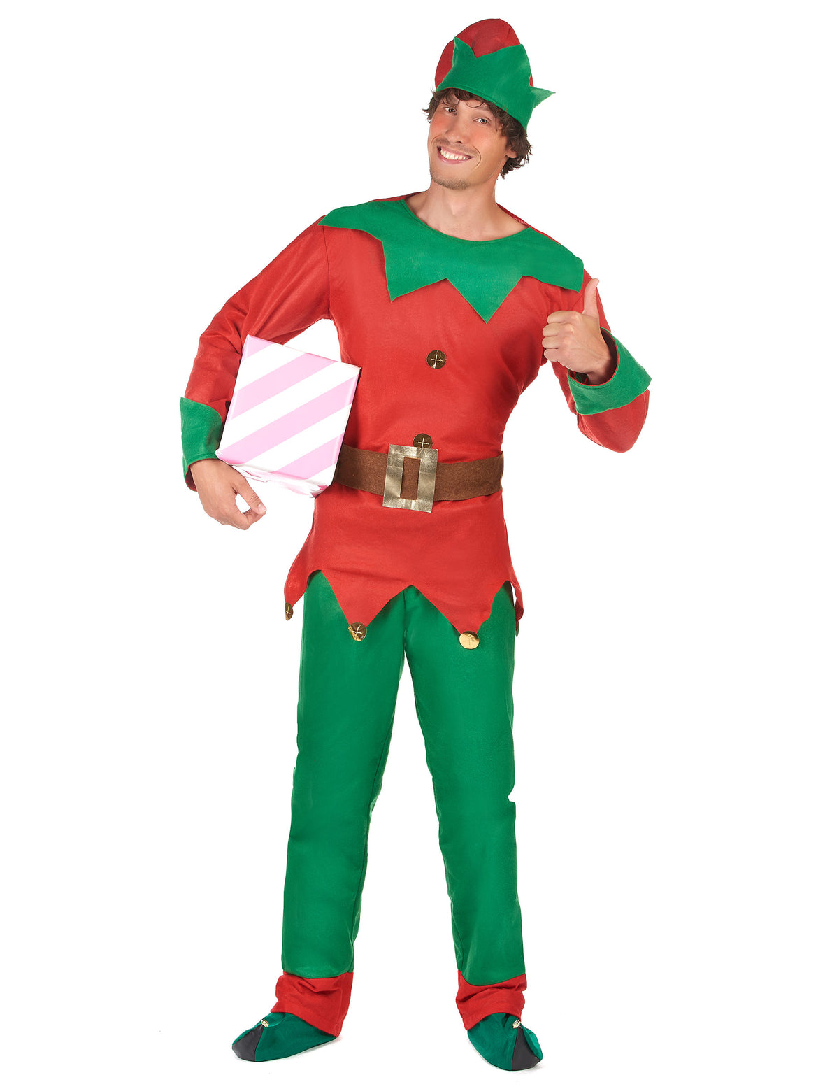 Déguisement elfe de Noël pour homme rouge et vert avec bonnet et ceinture