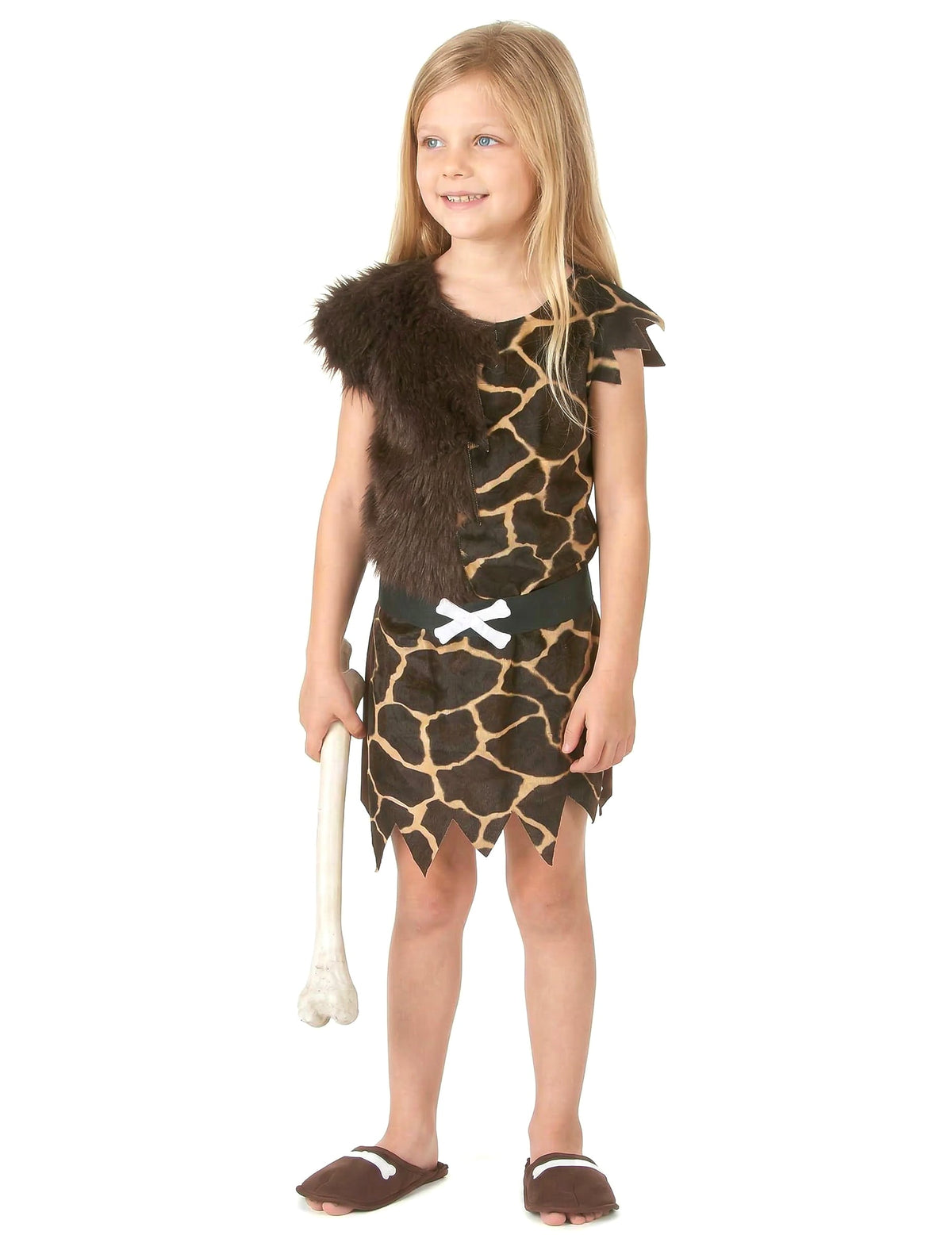 Vue d'ensemble avec l'accessoire os du déguisement d'enfant des cavernes