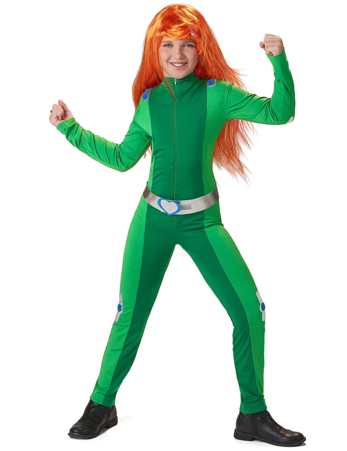 Déguisement Totally Spies Sam pour fille vert avec ceinture cœur argentée