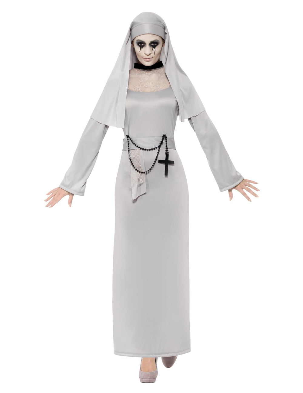 Vue de face du déguisement de fantôme religieuse pour femme
