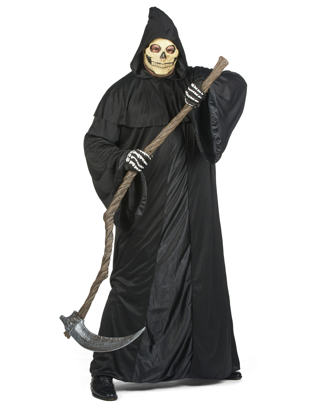 Détail du masque et de la faux du déguisement de faucheuse
