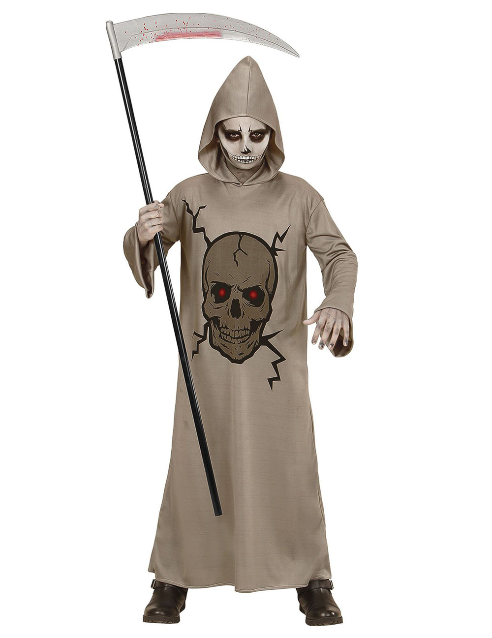 Déguisement faucheuse squelette pour enfant beige avec imprimé crâne et capuche
