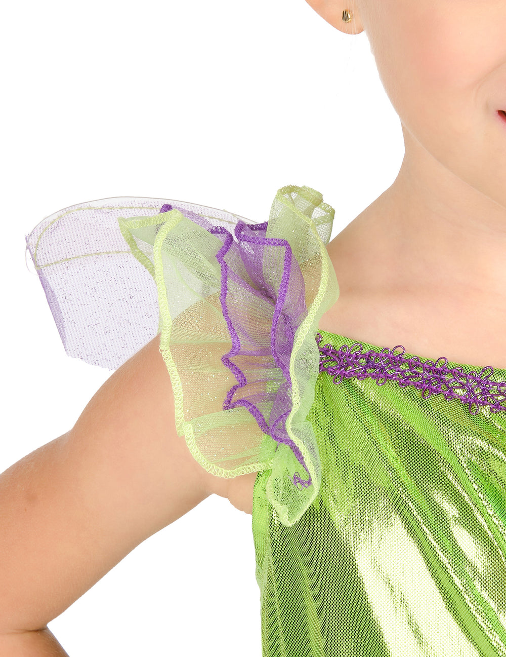 Détail du volant d'épaule vert et violet du déguisement Fée Clochette™ classique