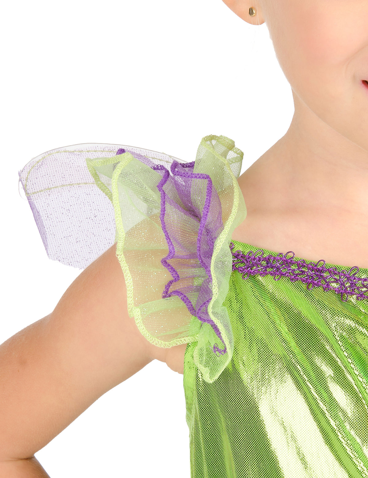 Détail du volant d'épaule vert et violet du déguisement Fée Clochette™ classique