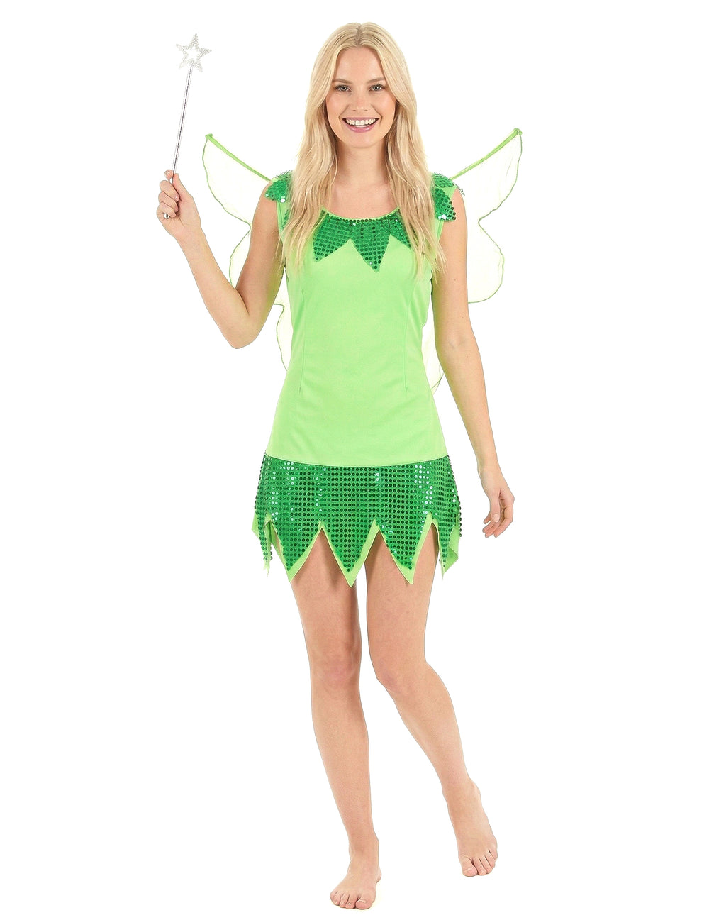 Déguisement de fée pour femme vert à sequins avec ailes et baguette