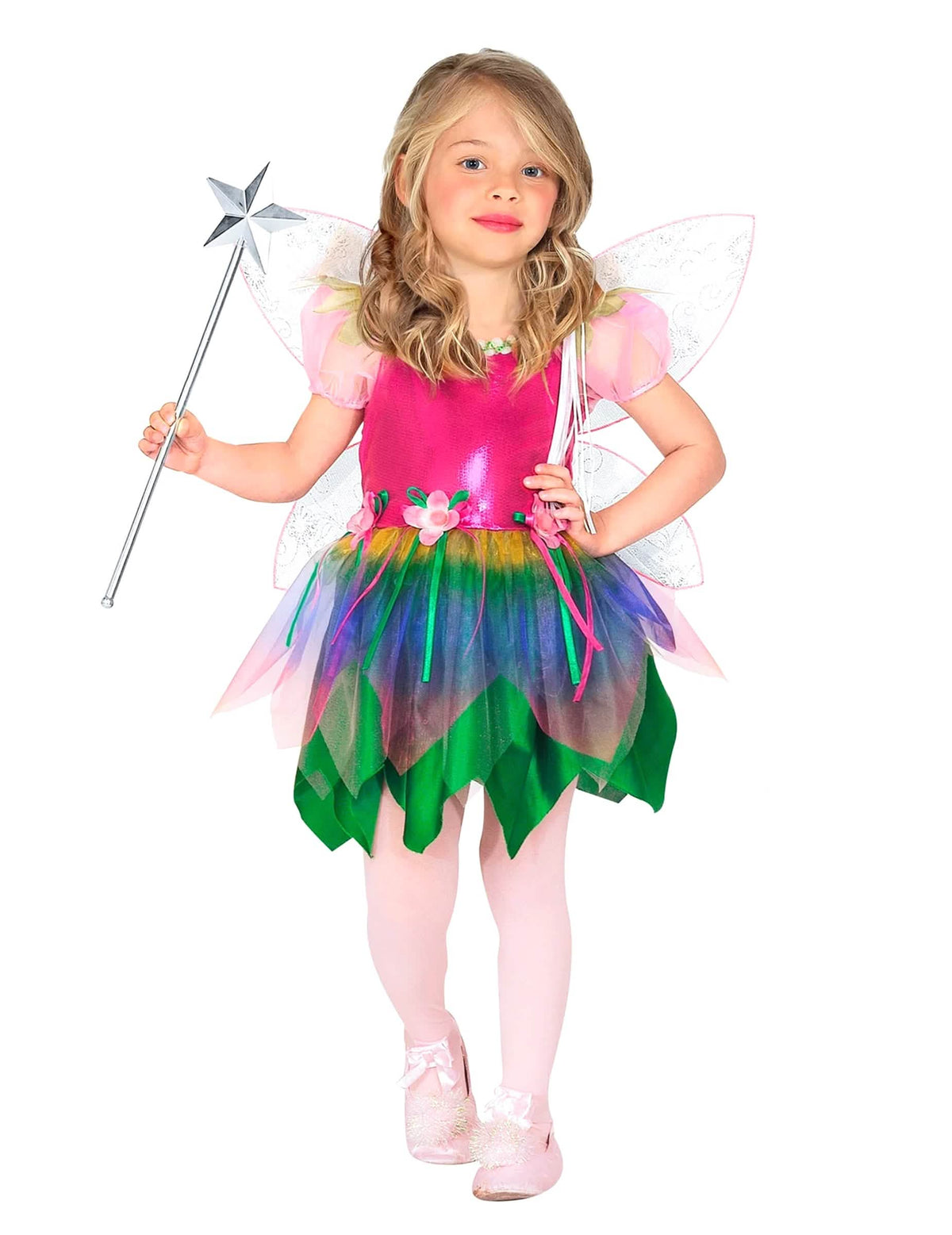 Déguisement de fée libellule pour fille rose et vert avec jupon multicolore et ailes