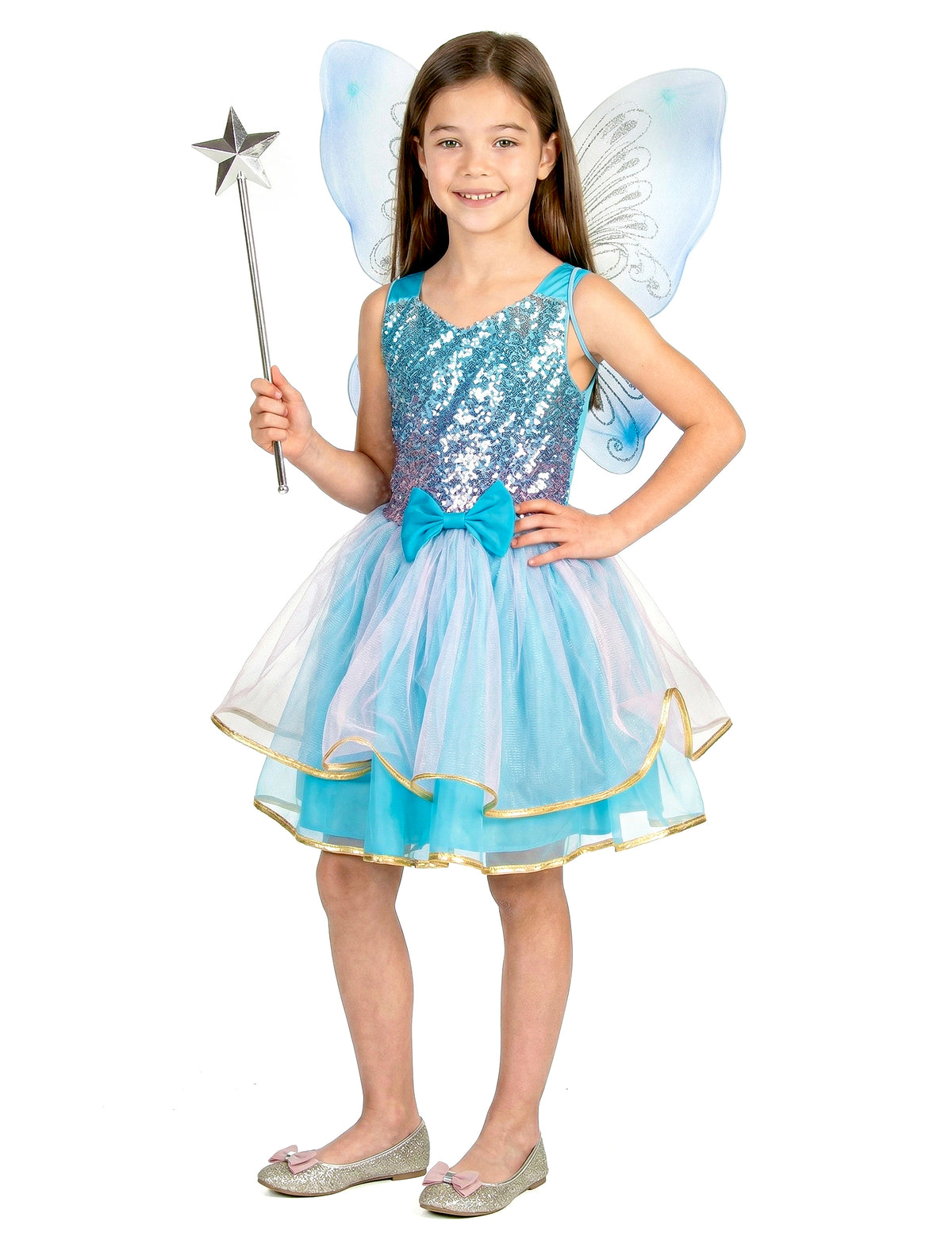 Déguisement de fée pour fille rose et bleu à sequins avec ailes et baguette