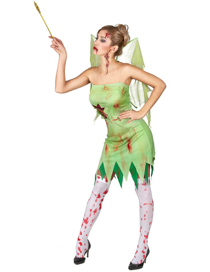 Vue de profil du déguisement fée verte ensanglantée pour femme