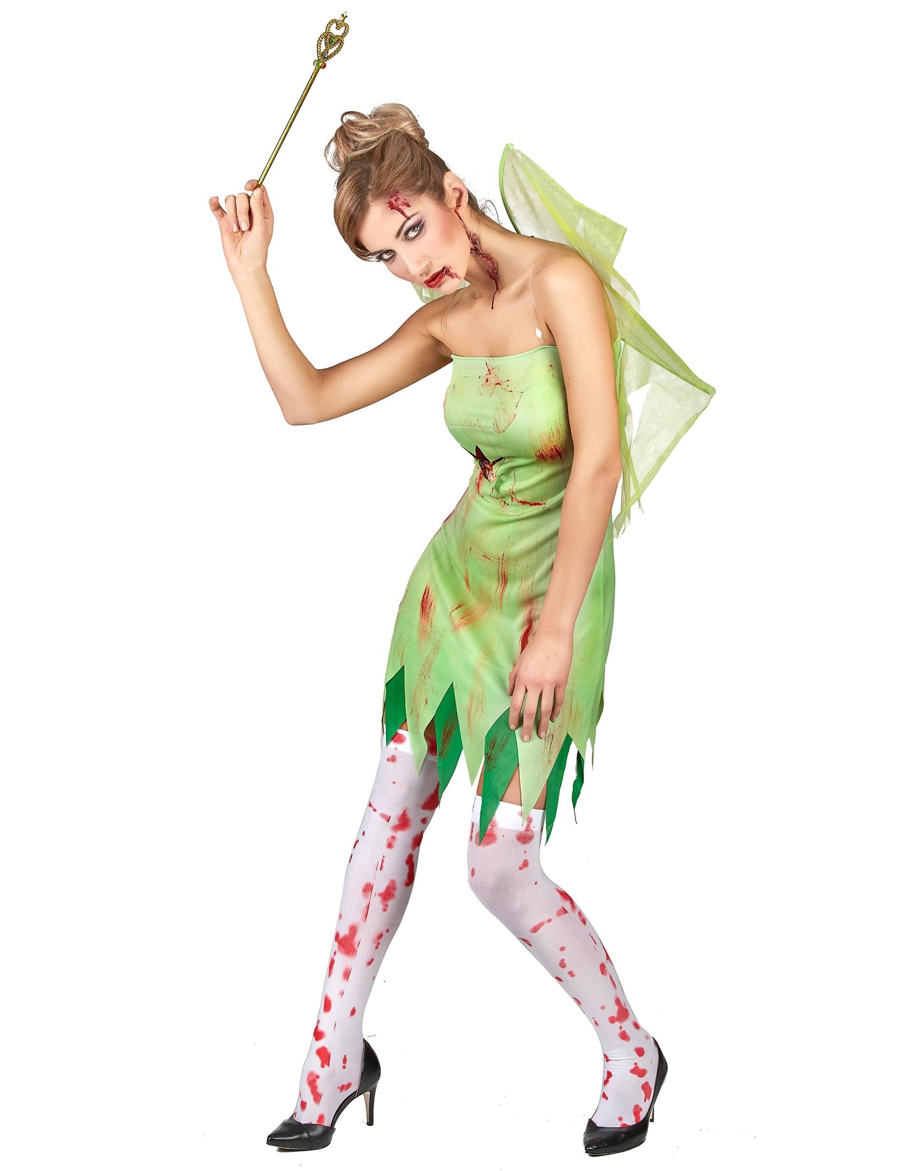Vue d'ensemble de face du déguisement fée verte ensanglantée pour femme