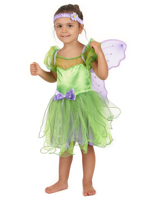 Déguisement fée verte sequins pour fille vert et violet avec ailes et bandeau