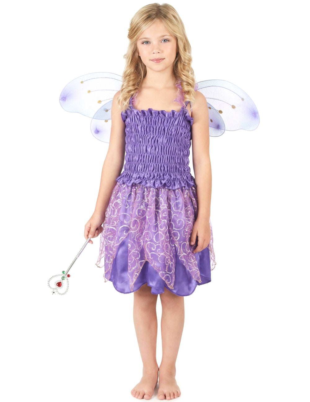 Vue d'ensemble de face du déguisement de fée violette pour fille