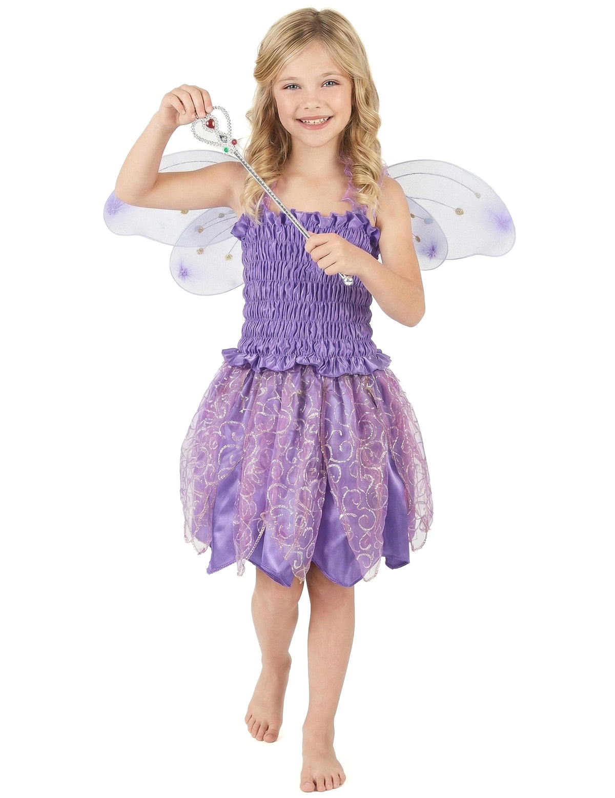 Vue de face du déguisement de fée violette pour fille