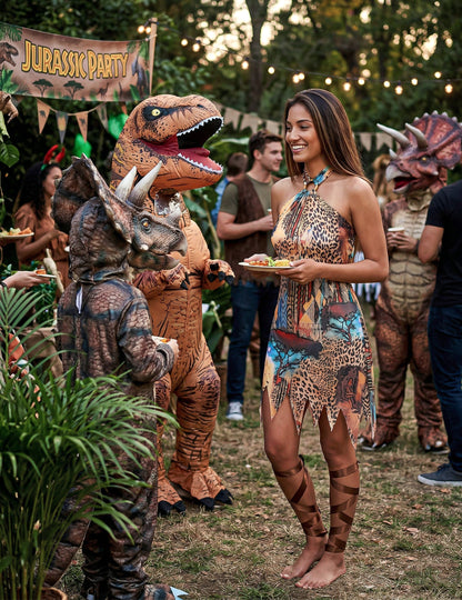 Mise en situation du déguisement de la jungle pour femme lors d'une fête à thème