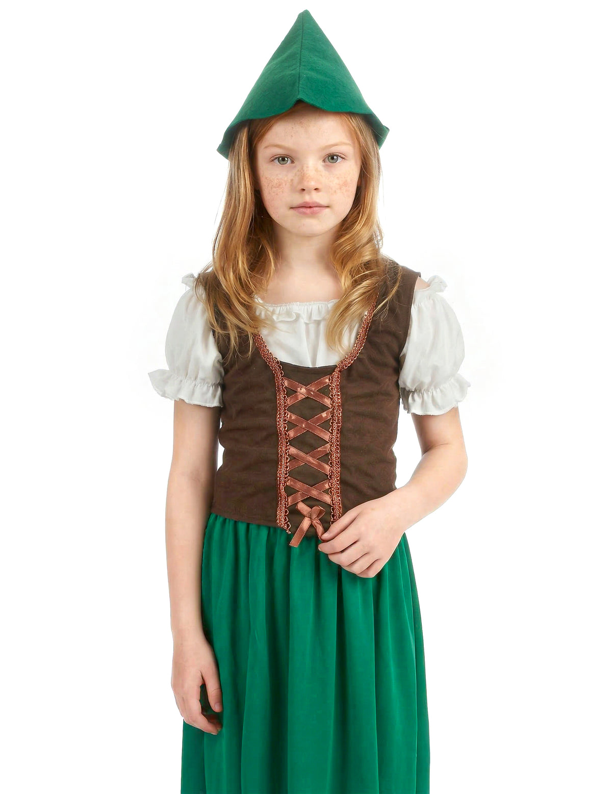 Détail du bustier et du chapeau du déguisement de fille des bois