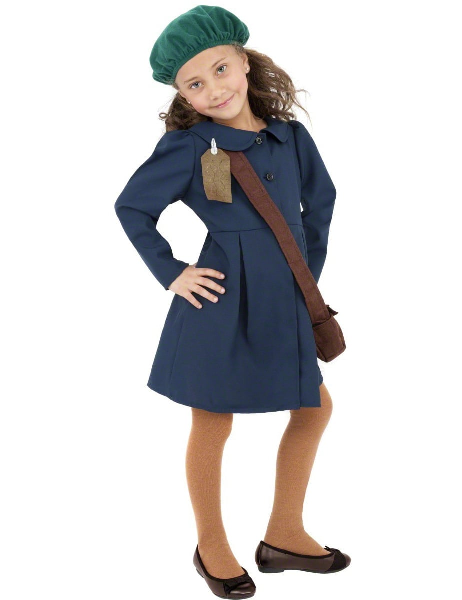 Déguisement écolière années 40 pour filles bleu marine avec béret vert et sac en bandoulière