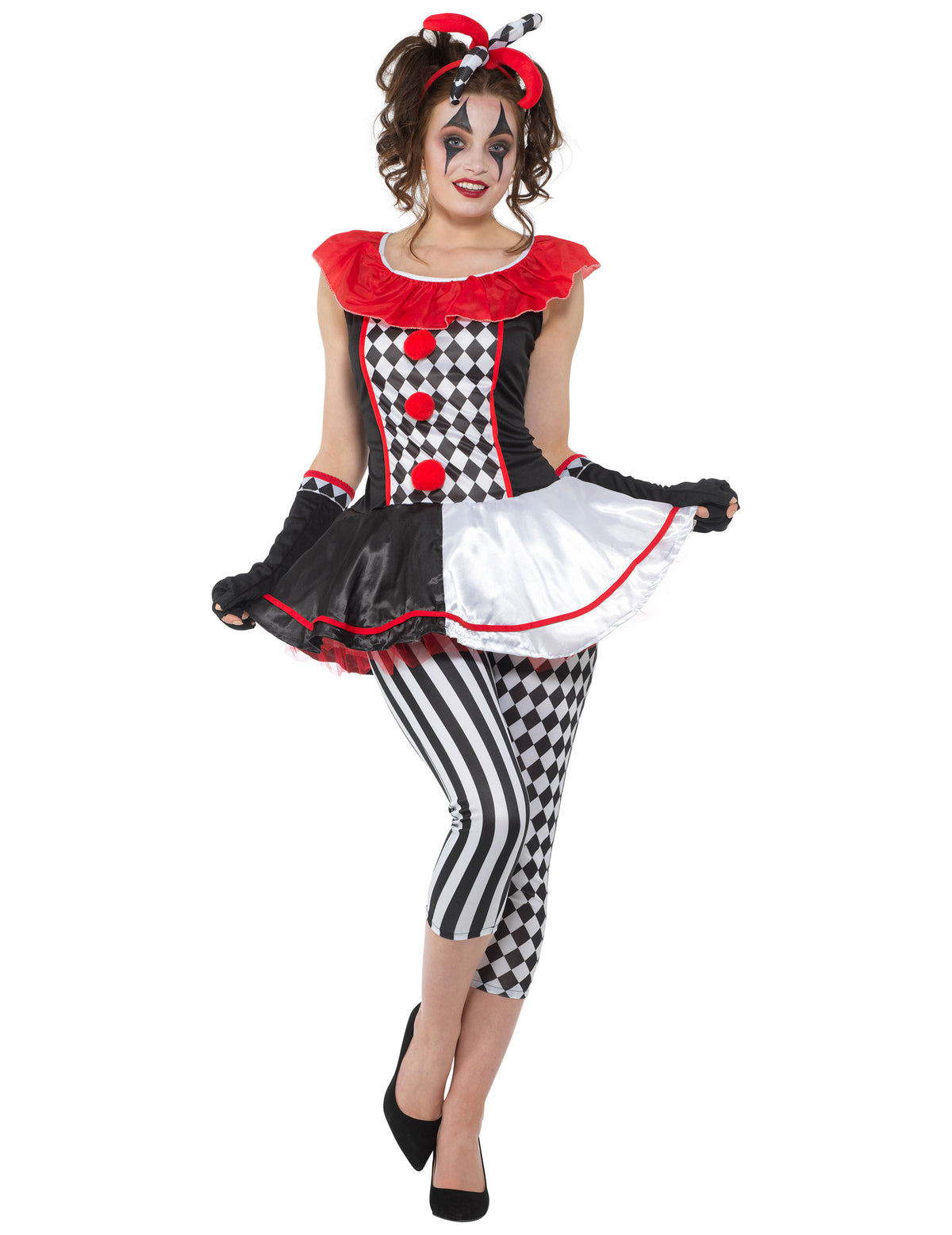 Déguisement fou du roi pour femme noir blanc et rouge à motifs damier et rayures