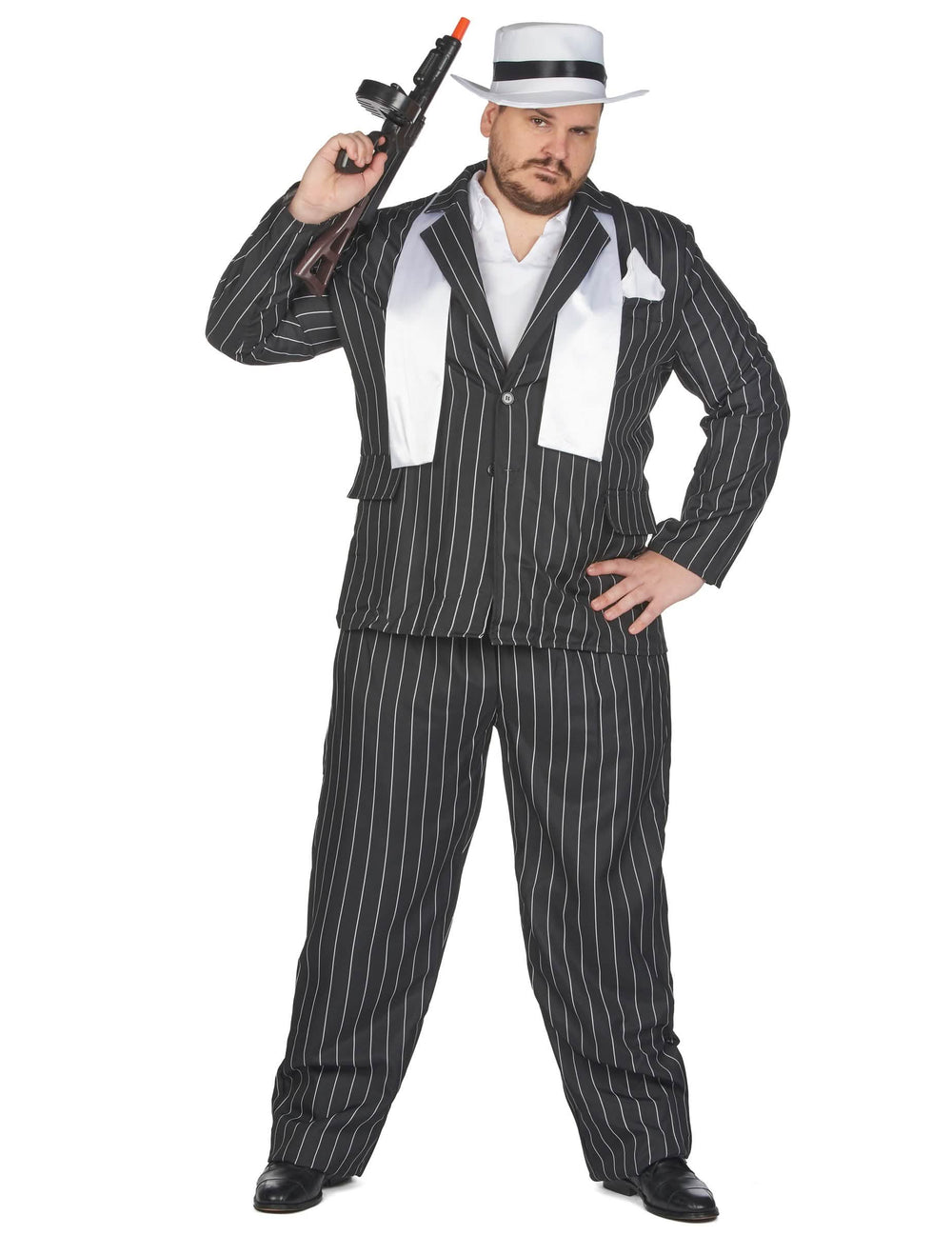 Déguisement de gangster pour homme noir à rayures avec chapeau et écharpe blanche